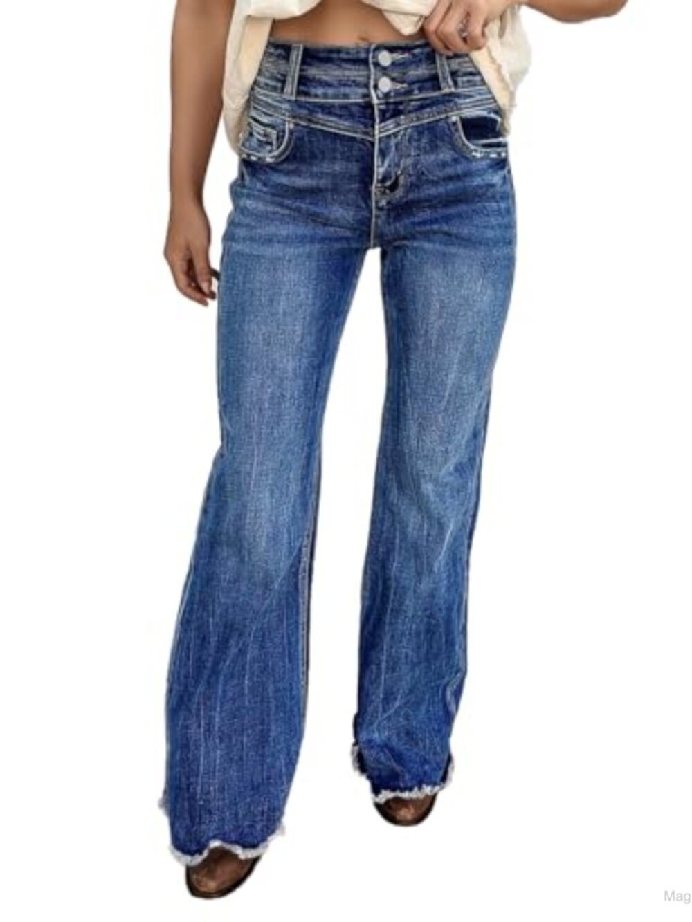 High Rise Flare Jeans Raw Hem Dual Button Vintage Straight-Seam